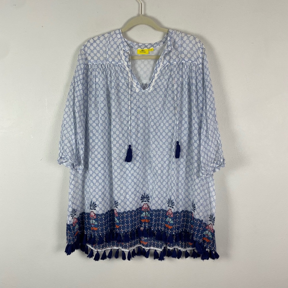 Roller Rabbit Blue White Geometric Tassel Tunic Dress Size M Beach Lightweight